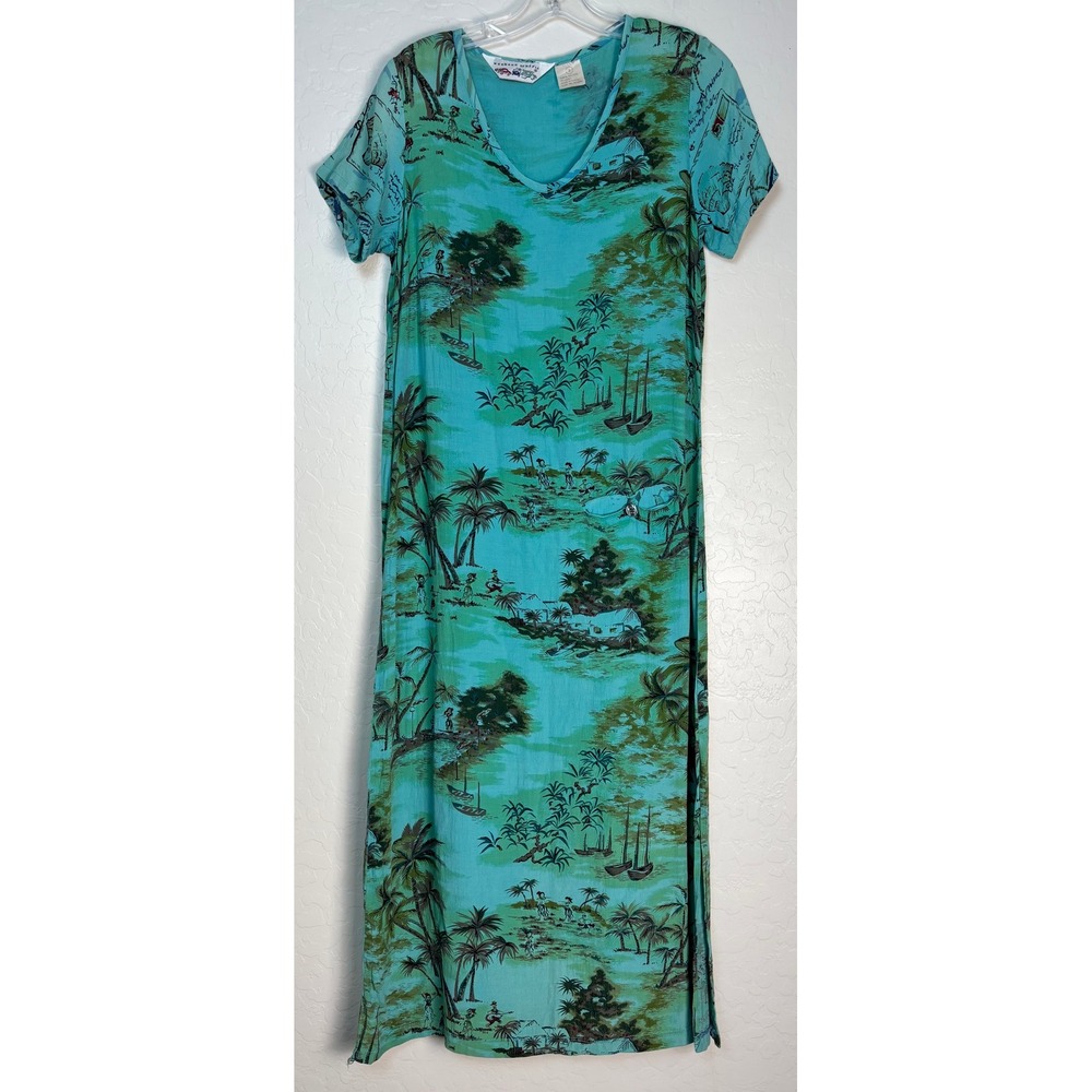 Vintage Weekend Traffic Teal Tropical‎ Island Print Rayon Maxi Dress Sz S 2159